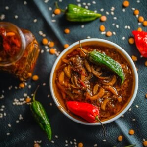 A vibrant bowl of spicy homemade pickle with fresh chilies and aromatic spices, embodying Bangladeshi flavors.