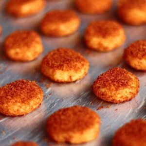Mouthwatering palm cheese cookies with a golden brown crust on a stainless steel tray.