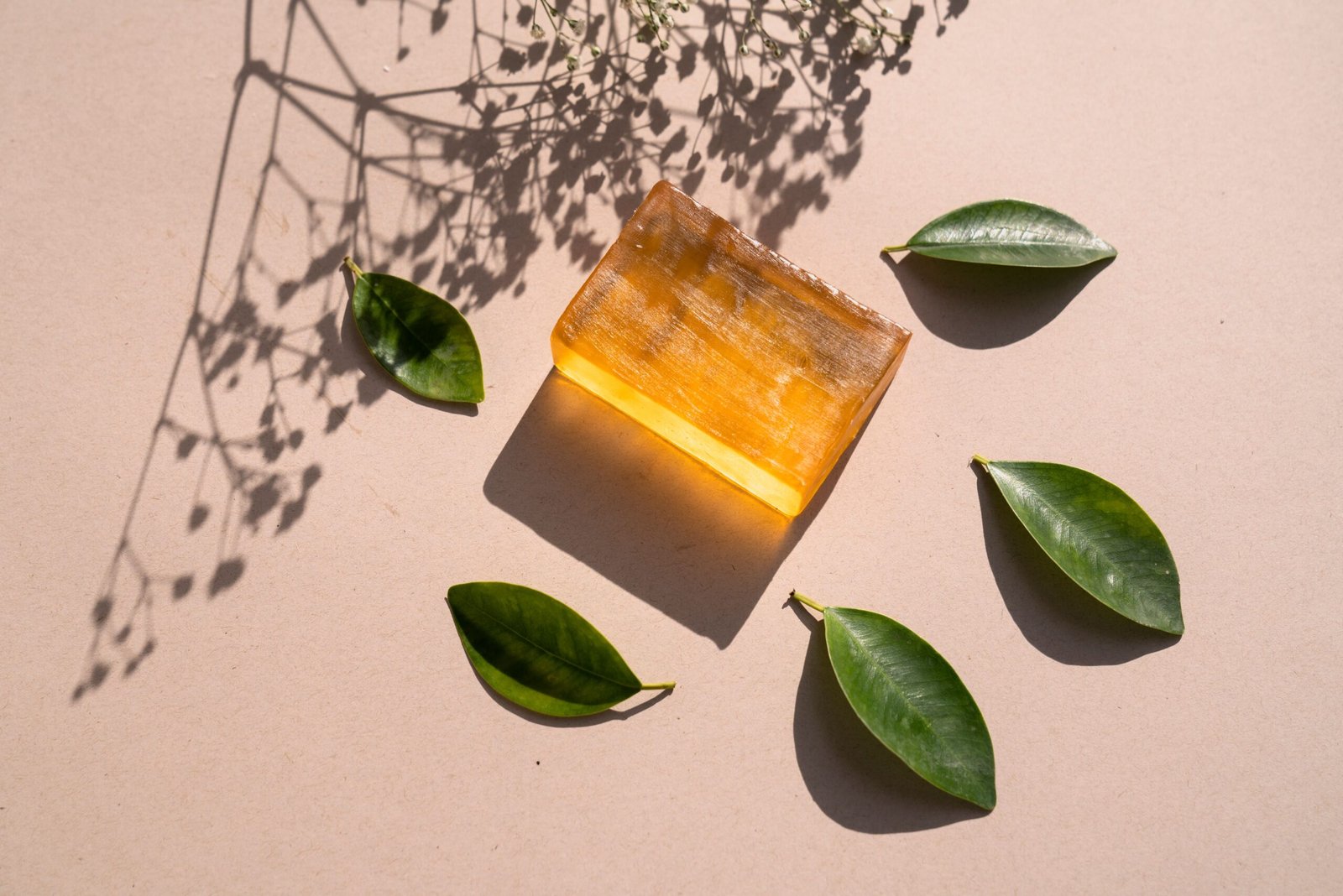 pexels photo 7615806 7615806 1 Flat lay of a natural soap bar with green leaves and shadows on a beige surface.
